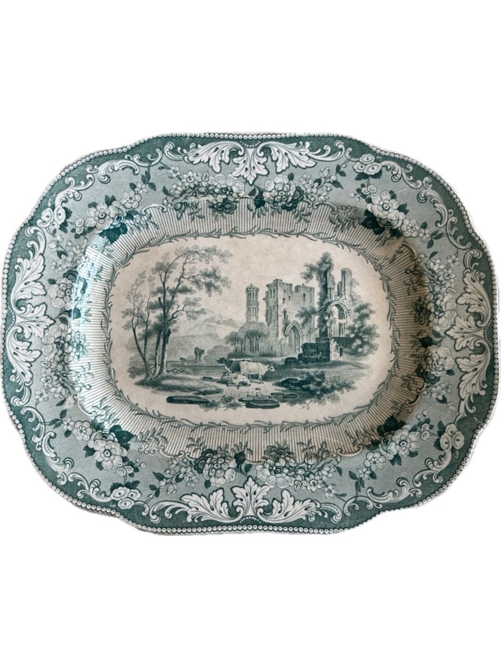 Antique Staffordshire Dacca Minton & Boyle Green Transferware Platter 1800s